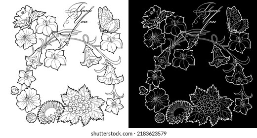 Art therapy coloring page. Linear image of flowers. The pictures are perfect for creating cards, stickers, wallpapers and other projects.
