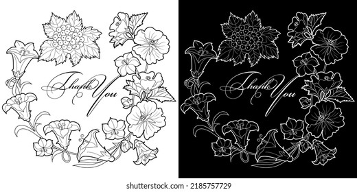 Art therapy coloring page. Linear image of flowers. The pictures are perfect for creating cards, stickers, wallpapers and other projects.
