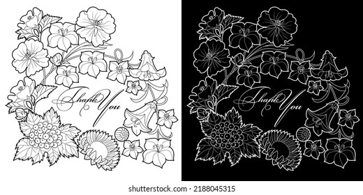 Art therapy coloring page. Linear image of flowers. The pictures are perfect for creating cards, stickers, wallpapers and other projects.