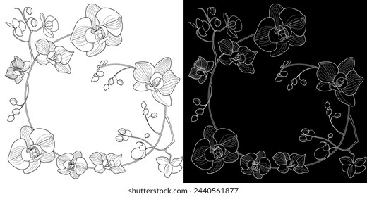 Art therapy coloring page. Linear image of orchid flowers. The pictures are perfect for creating cards, stickers, wallpapers and other projects.

