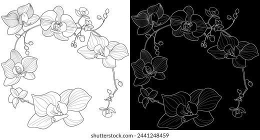 Página para colorear de terapia artística. Imagen lineal de flores de orquídea. Las imágenes son perfectas para crear tarjetas, pegatinas, fondos de pantalla y otros proyectos.

