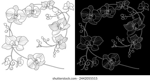 Página para colorear de terapia artística. Imagen lineal de flores de orquídea. Las imágenes son perfectas para crear tarjetas, pegatinas, fondos de pantalla y otros proyectos.

