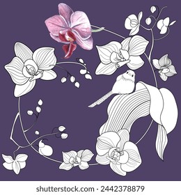 Art therapy coloring page. Linear image of orchid flowers. The pictures are perfect for creating cards, stickers, wallpapers and other projects