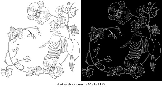 Página para colorear de terapia artística. Imagen lineal de flores de orquídea. Las imágenes son perfectas para crear tarjetas, pegatinas, fondos de pantalla y otros proyectos.
