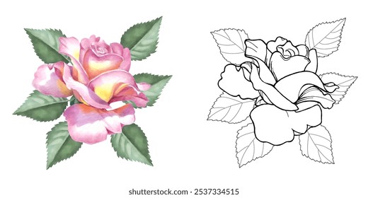 Dibujo para colorear de terapia artística. Imagen lineal de rosas. Las imágenes son perfectas para crear tarjetas, pegatinas, Fondos de pantalla y otros proyectos.
