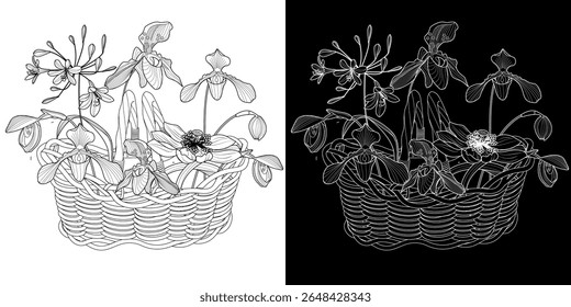 Art therapy coloring page. Linear image of orchid. The pictures are perfect for creating cards, stickers, wallpapers and other projects.
