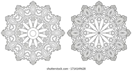 Art therapy coloring page. Outline Mandala for coloring book. Decorative round ornament. Anti-stress therapy pattern. Outline Mandala for coloring book. Weave design element. Yoga style, background fo