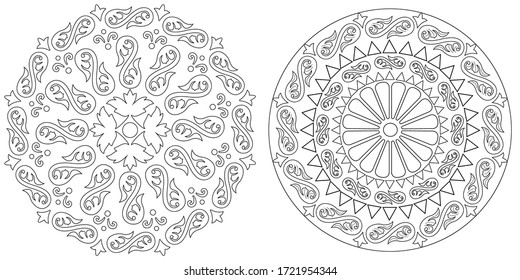 Art therapy coloring page. Outline Mandala for coloring book. Decorative round ornament. Anti-stress therapy pattern. Outline Mandala for coloring book. Weave design element. 