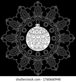 Art therapy coloring page. Outline Mandala and Christmas Tree Ornament for coloring book. Decorative round ornament. Anti-stress therapy pattern. Weave design element.