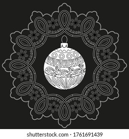 Art therapy coloring page. Outline Mandala and Christmas Tree Ornament for coloring book. Decorative round ornament. Anti-stress therapy pattern. Weave design element.