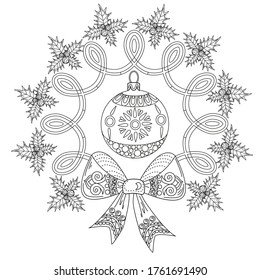 Art therapy coloring page. Outline Mandala and Christmas Tree Ornament for coloring book. Decorative round ornament. Anti-stress therapy pattern. Weave design element.