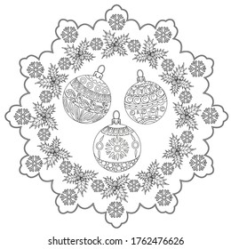 Art Therapy Coloring Page. Outline Mandala And Christmas Tree Ornament For Coloring Book. Decorative Round Ornament. Anti-stress Therapy Pattern. Weave Design Element.