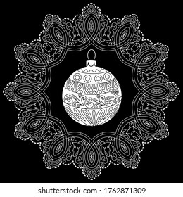 Art therapy coloring page. Outline Mandala and Christmas Tree Ornament for coloring book. Decorative round ornament. Anti-stress therapy pattern. Weave design element.