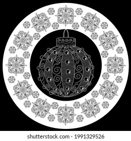 Art therapy coloring page. Outline Mandala and Christmas Bauble for coloring. Decorative round ornament. Anti-stress therapy scheme. Weaving design element.