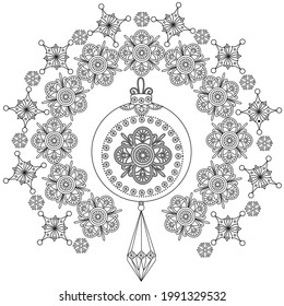 Art therapy coloring page. Outline Mandala and Christmas Bauble for coloring. Decorative round ornament. Anti-stress therapy scheme. Weaving design element.