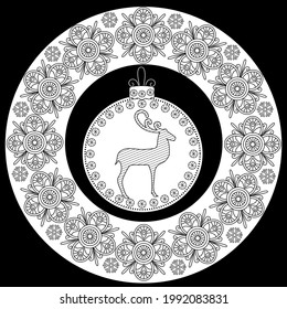 Art therapy coloring page. Outline Mandala and Christmas Bauble for coloring. Decorative round ornament. Anti-stress therapy scheme. Weaving design element.