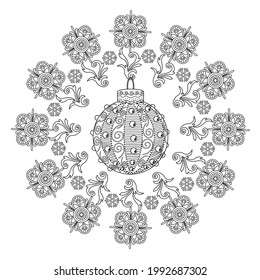 Art therapy coloring page. Outline Mandala and Christmas Bauble for coloring. Decorative round ornament. Anti-stress therapy scheme. Weaving design element.