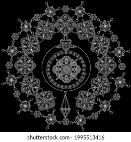 Art therapy coloring page. Outline Mandala and Christmas Bauble for coloring. Decorative round ornament. Anti-stress therapy scheme. Weaving design element.