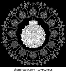 Art therapy coloring page. Outline Mandala and Christmas Bauble for coloring. Decorative round ornament. Anti-stress therapy scheme. Weaving design element.