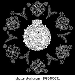 Art therapy coloring page. Outline Mandala and Christmas Bauble for coloring. Decorative round ornament. Anti-stress therapy scheme. Weaving design element.