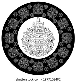 Art therapy coloring page. Outline Mandala and Christmas Bauble for coloring. Decorative round ornament. Anti-stress therapy scheme. Weaving design element.