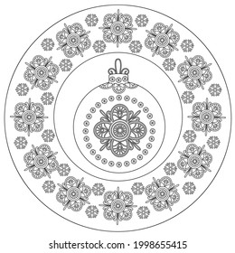 Art therapy coloring page. Outline Mandala and Christmas Bauble for coloring. Decorative round ornament. Anti-stress therapy scheme. Weaving design element.