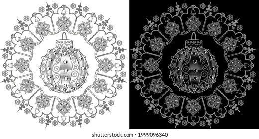 Art therapy coloring page. Outline Mandala and Christmas Bauble for coloring. Decorative round ornament. Anti-stress therapy scheme. Weaving design element.