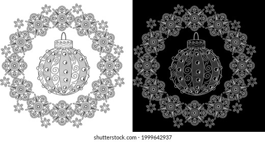 Art therapy coloring page. Outline Mandala and Christmas Bauble for coloring. Decorative round ornament. Anti-stress therapy scheme. Weaving design element.