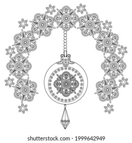 Art therapy coloring page. Outline Mandala and Christmas Bauble for coloring. Decorative round ornament. Anti-stress therapy scheme. Weaving design element.