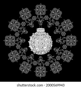 Art therapy coloring page. Outline Mandala and Christmas Bauble for coloring. Decorative round ornament. Anti-stress therapy scheme. Weaving design element.