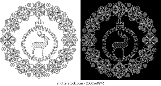 Art therapy coloring page. Outline Mandala and Christmas Bauble for coloring. Decorative round ornament. Anti-stress therapy scheme. Weaving design element.