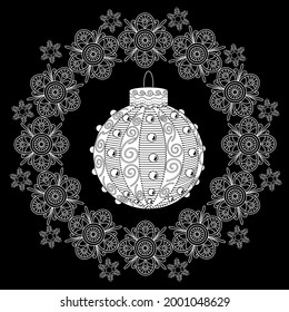 Art therapy coloring page. Outline Mandala and Christmas Bauble for coloring. Decorative round ornament. Anti-stress therapy scheme. Weaving design element.