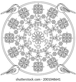 Art therapy coloring page. Outline Mandala and Christmas Bauble for coloring. Decorative round ornament. Anti-stress therapy scheme. Weaving design element.