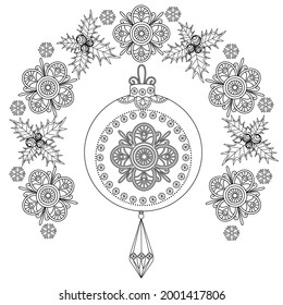 Art therapy coloring page. Outline Mandala and Christmas Bauble for coloring. Decorative round ornament. Anti-stress therapy scheme. Weaving design element.