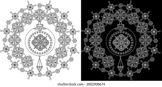 Art therapy coloring page. Outline Mandala and Christmas Bauble for coloring. Decorative round ornament. Anti-stress therapy scheme. Weaving design element.