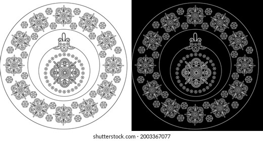 Art therapy coloring page. Outline Mandala and Christmas Bauble for coloring. Decorative round ornament. Anti-stress therapy scheme. Weaving design element.