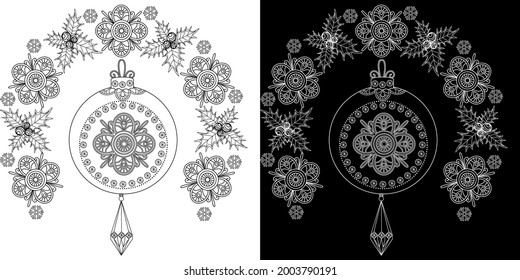 Art therapy coloring page. Outline Mandala and Christmas Bauble for coloring. Decorative round ornament. Anti-stress therapy scheme. Weaving design element.