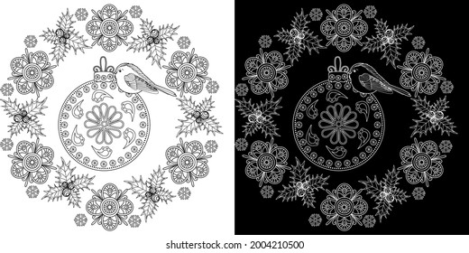 Art therapy coloring page. Outline Mandala and Christmas Bauble for coloring. Decorative round ornament. Anti-stress therapy scheme. Weaving design element.