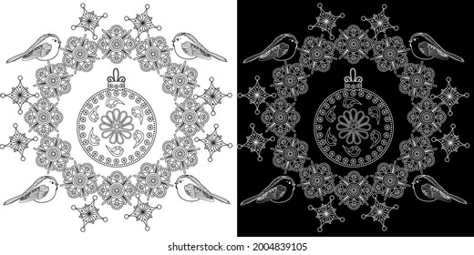 Art therapy coloring page. Outline Mandala and Christmas Bauble for coloring. Decorative round ornament. Anti-stress therapy scheme. Weaving design element.