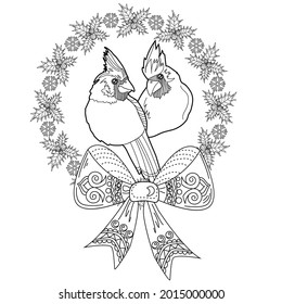 Art therapy coloring page. Outline Mandala and and Cardinal birds. Decorative round ornament. Anti-stress therapy scheme. Weaving design element.