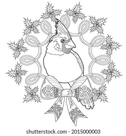 Art therapy coloring page. Outline Mandala and and Cardinal birds. Decorative round ornament. Anti-stress therapy scheme. Weaving design element.