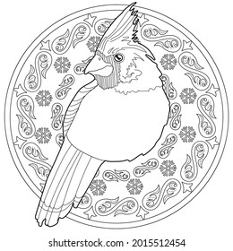 Art therapy coloring page. Outline Mandala and and Cardinal birds. Decorative round ornament. Anti-stress therapy scheme. Weaving design element.