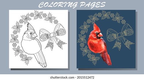 Art therapy coloring page. Outline Mandala and and Cardinal birds. Decorative round ornament. Anti-stress therapy scheme. Weaving design element.