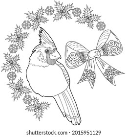 Art therapy coloring page. Outline Mandala and and Cardinal birds. Decorative round ornament. Anti-stress therapy scheme. Weaving design element.