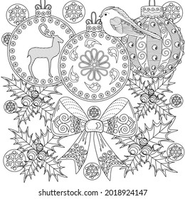 Art therapy coloring page. Outline Mandala and Christmas Bauble for coloring. Decorative round ornament. Anti-stress therapy scheme. Weaving design element.