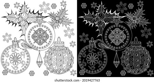 Art therapy coloring page. Outline Mandala and Christmas Bauble for coloring. Decorative round ornament. Anti-stress therapy scheme. Weaving design element.