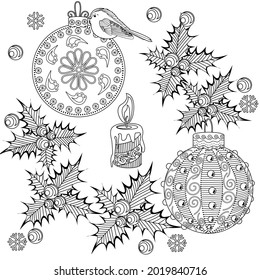 Art therapy coloring page. Outline Mandala and Christmas Bauble for coloring. Decorative round ornament. Anti-stress therapy scheme. Weaving design element.