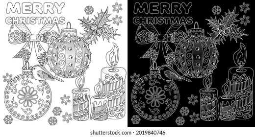 Art therapy coloring page. Outline Mandala and Christmas Bauble for coloring. Decorative round ornament. Anti-stress therapy scheme. Weaving design element.