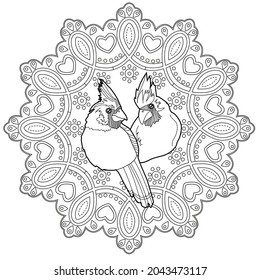 Art therapy coloring page. Outline Mandala and Cardinal birds are a symbol of Christmas.. Decorative round ornament. Anti-stress therapy scheme. Weaving design element.