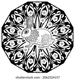 Art therapy coloring page. Outline Mandala and Cute Rabbit for coloring. Decorative round ornament. Anti-stress therapy scheme. Weaving design element.